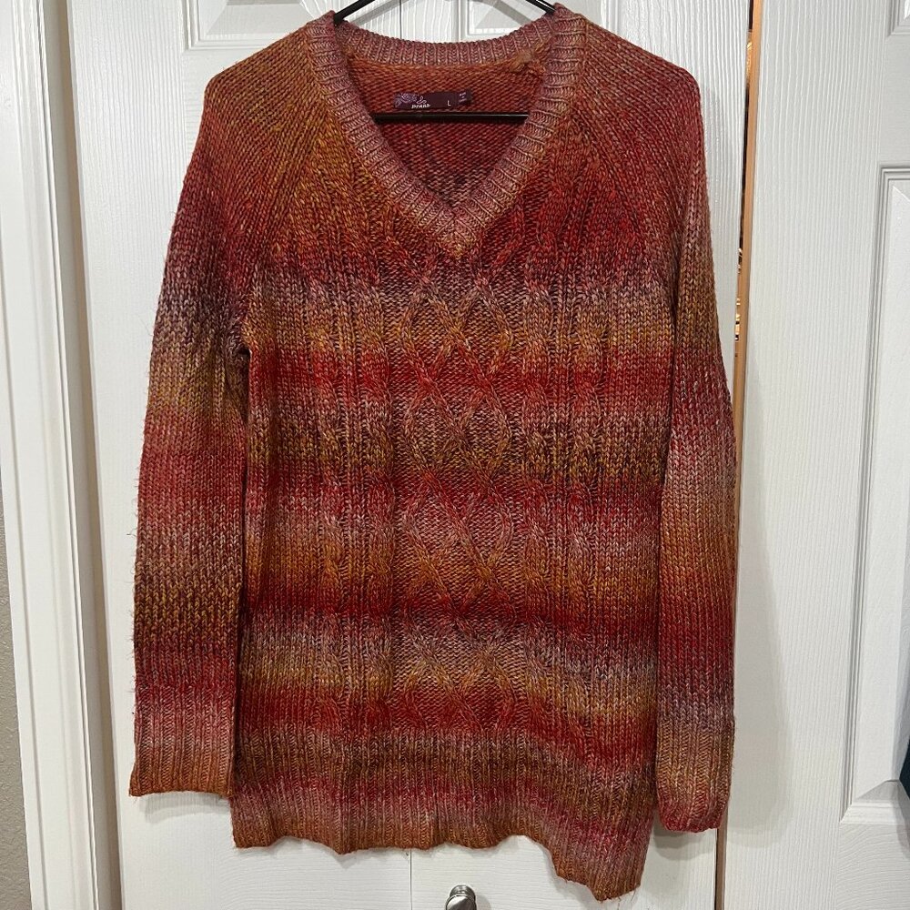 Prana Leisel Cable Knit Orange Red Stripe Soft Acrylic V Neck Sweater Wm L Cozy